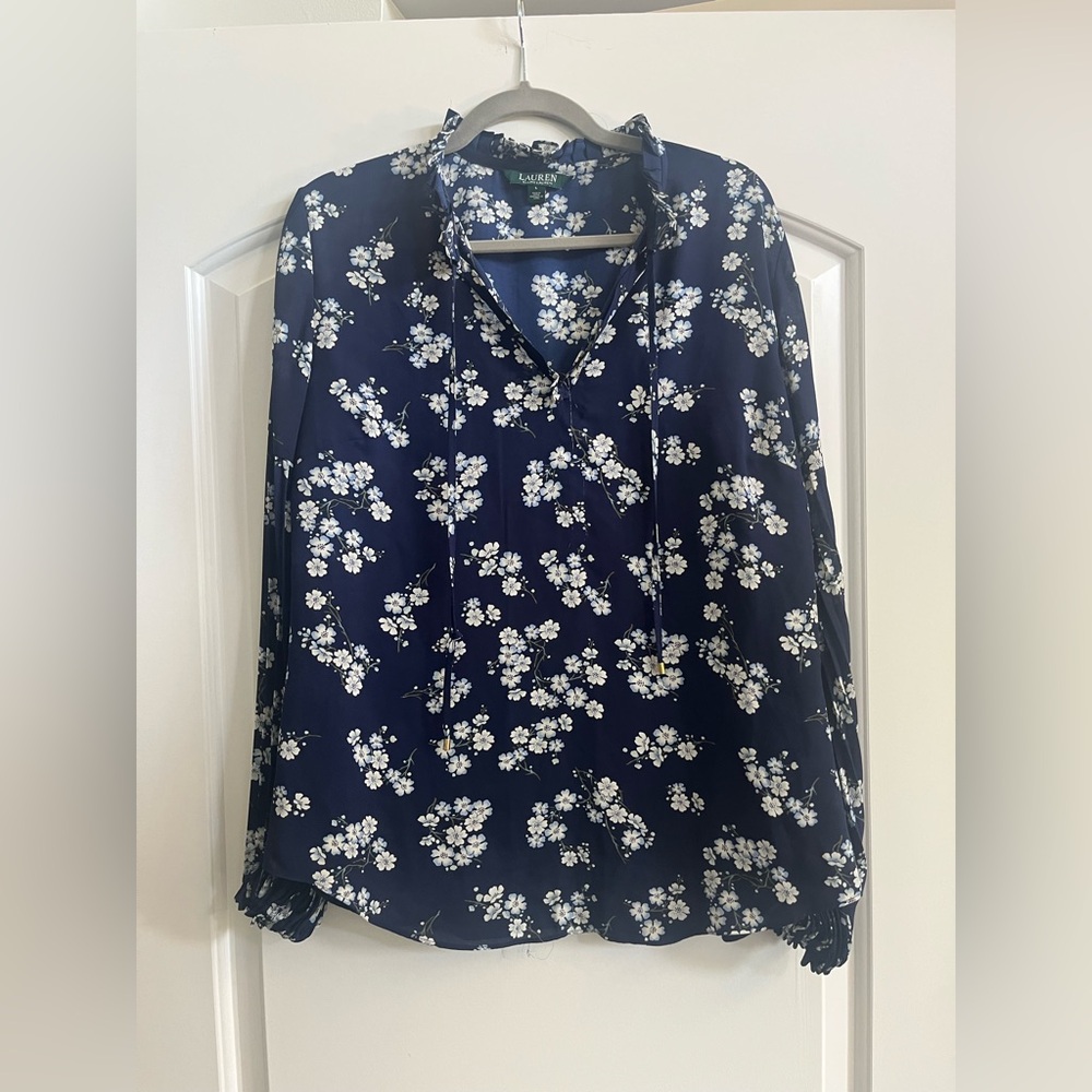 Ralph Lauren Blue Long Sleeve Button Down Blouse with Notched Collar